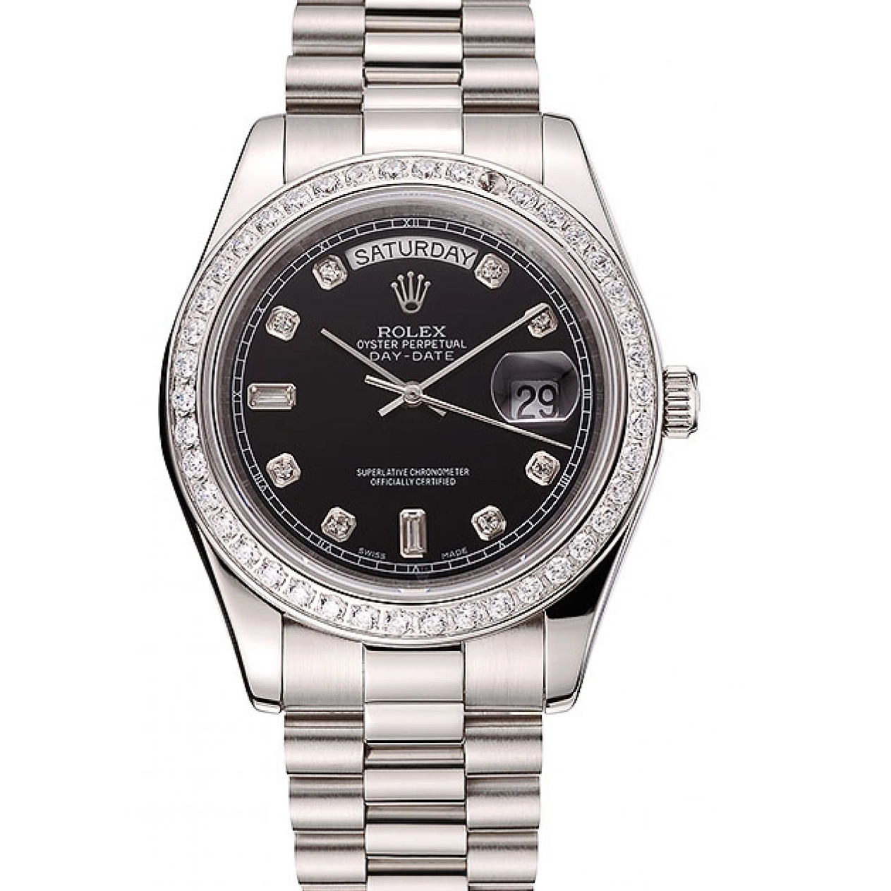 Numerals 1453966 Day-Date Case Dial Black Swiss Rolex Bracelet Steel Stainless Diamond Diamond 0821
